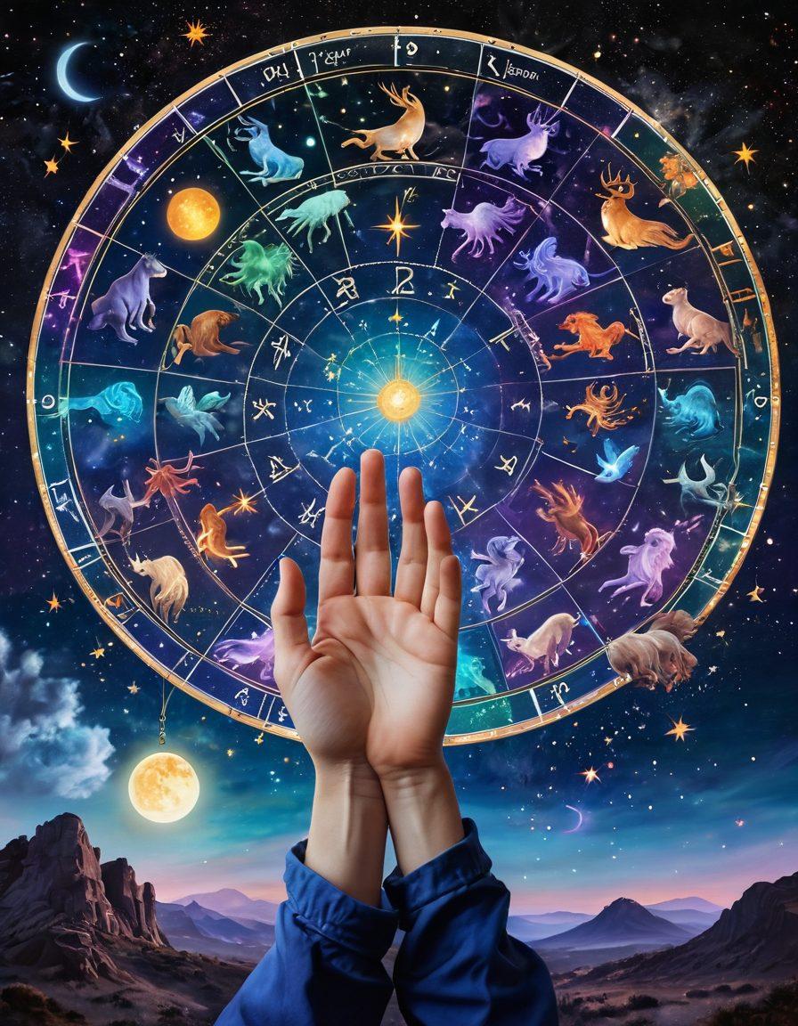 A celestial-themed scene depicting the twelve zodiac signs represented as colorful constellations in a starry night sky. Below, a pair of hands delicately holding a glowing astrological chart with intricate symbols. The background features a mystical landscape with ethereal lights and vibrant colors, creating a sense of wonder and intrigue. super-realistic. vibrant colors. fantasy art.