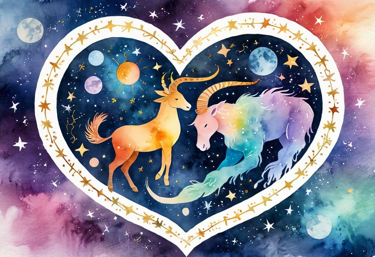 An ethereal representation of zodiac signs intertwined around a heart, symbolizing love and relationship dynamics, with soft constellations in the background. Incorporate elements like the stars, moons, and subtle astrological charts, creating a whimsical yet insightful atmosphere. Use warm colors to evoke feelings of romance and cosmic connection. watercolor style.