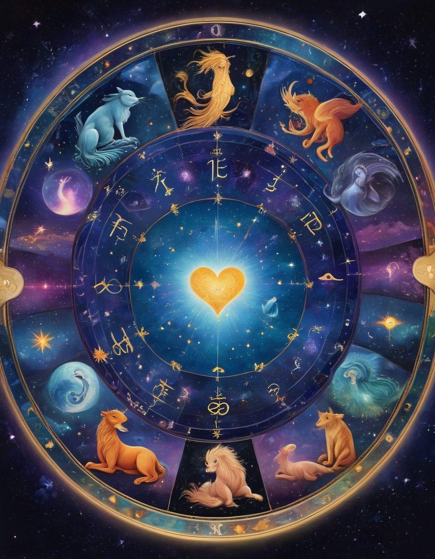A celestial scene depicting the twelve zodiac signs beautifully arranged in a circular pattern, with each sign represented by an ethereal figure reflecting its characteristics. In the center, a glowing heart symbolizes love and relationships, connected by intertwining constellations. The background features a starry night sky with vibrant cosmic colors, enhancing the mystical atmosphere. super-realistic. vibrant colors. cosmic theme.